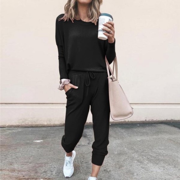 🆕 PULLOVER & JOGGER 2 Pcs SET COTTON TRUCKSUIT Black lightweight relax style - Picture 1 of 9
